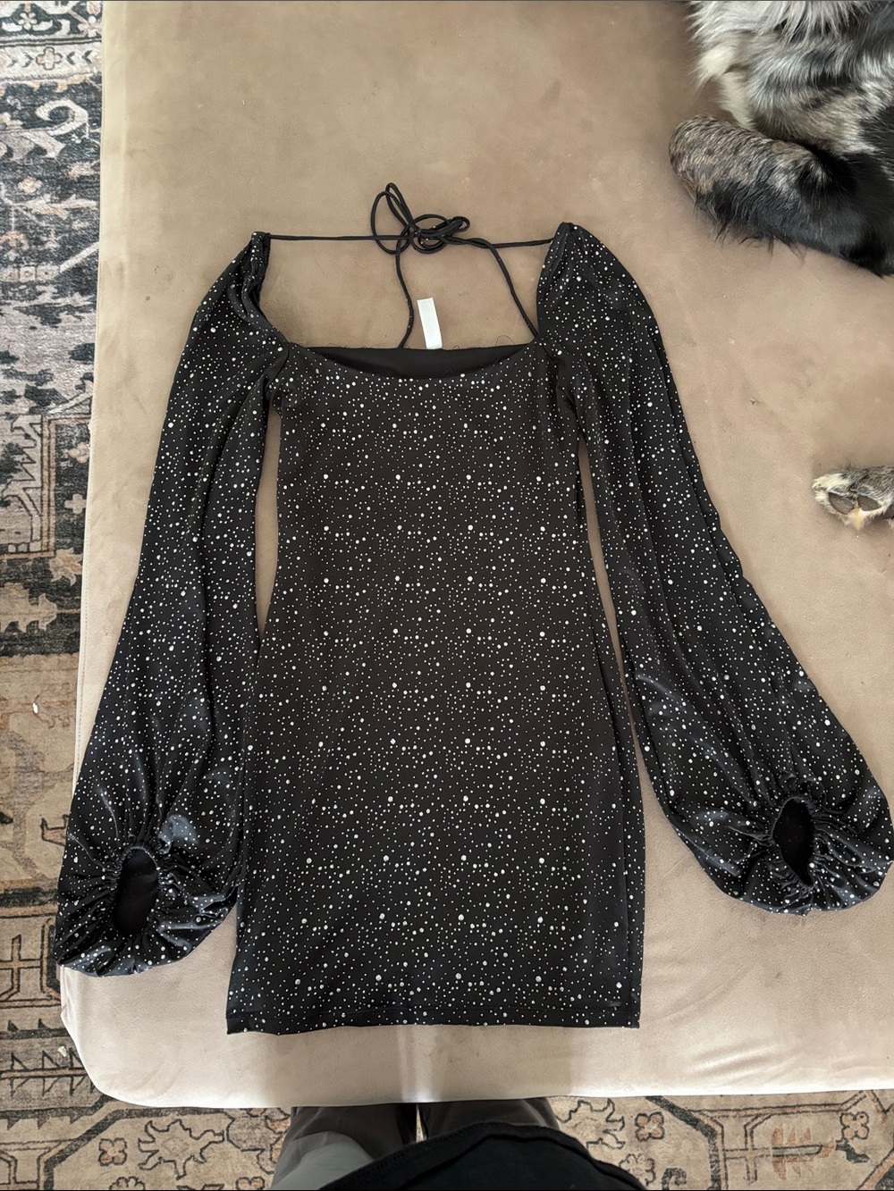 Lucy in the Sky Black Sparkle Long-Sleeve Mini Dress with Puff Sleeves